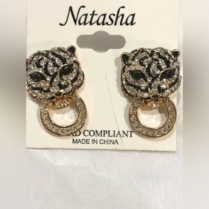 Natasha Couture gold tone onyx gemstone cz pave tiger panther stud earrings new